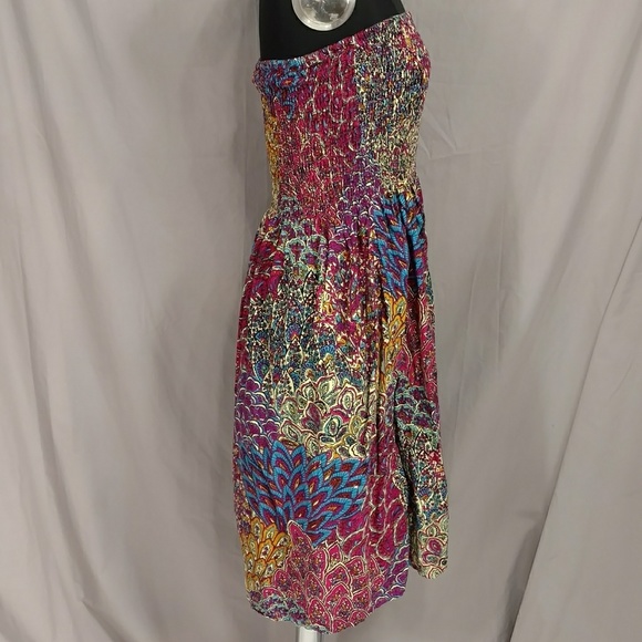 Bright Colorful Strapless Sundress Boho Indian Dress by Cynthia Mehta w Stretch - Picture 4 of 8